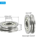 U Groove Bearing Set Twelve Pack 4x13x4mm Carbon Steel Sealed Ball Bearings with measurements and side view