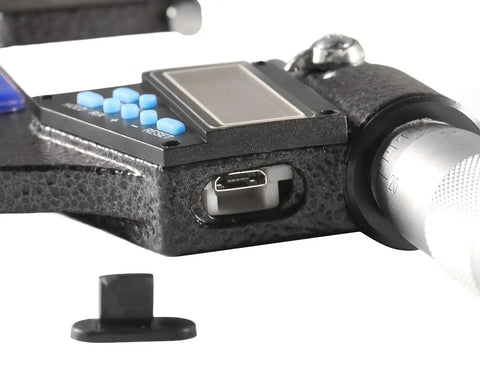 Close-up of Seven Key Pro Grade Electronic Digital Micrometer Waterproof With Large Display Auto On Off 50 To 75 mm Range USB port