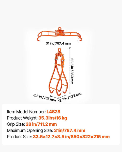Front view of VEVOR Timber Claw Hook, orange four-claw log grapple with 31in max opening