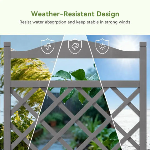 Two Pack Planter Box With Trellis And Wheels, gray weather-resistant trellis showing durability against wind, rain, and sun.