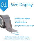 High Temp PTFE Tape For Heat Press Sublimation 300mm X 10m Roll shown with dimensions, displaying width, length, and thickness.