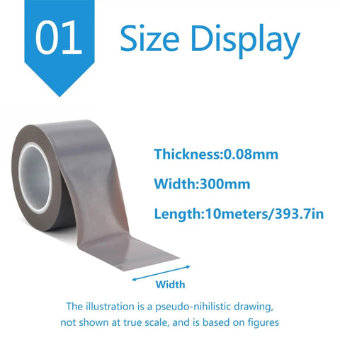 High Temp PTFE Tape For Heat Press Sublimation 300mm X 10m Roll shown with dimensions, displaying width, length, and thickness.