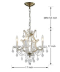 Four Light Maria Therese K9 Crystal Chandelier With Antique Brass Finish, shown with 17" height and max 52" chain adjustment