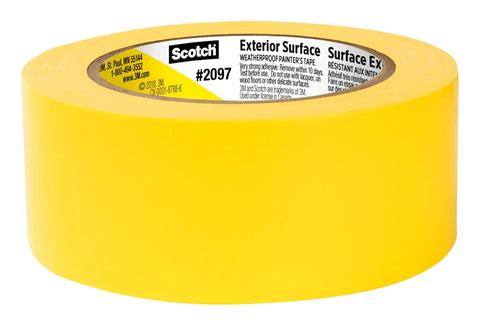 Exterior Painter's Tape 1.88 Inch By 45 Yard Weatherproof Masking Tape for Outdoor Surfaces, yellow roll, front angle view.
