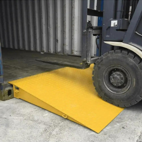 Heavy Duty Steel Shipping Container Ramp For Trucks And Forklifts 16000 Pound Diamond Plate Bridge in use with forklift