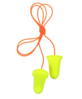 E A Rsoft FX 312-1260 Disposable Foam Ear Plugs, corded, bell shape, NRR 33, bright yellow, against white background.