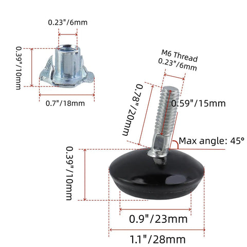 Smooth Setup Guaranteed Every Single Day 16 Pieces 1/4 20 Adjustable Furniture Leveling Feet With T Nuts showing detailed dimensions.