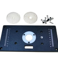 Commercial Grade Aluminum Router Table Insert Plate With Precision Centering Bushing includes measuring scale, screws, and two center rings.