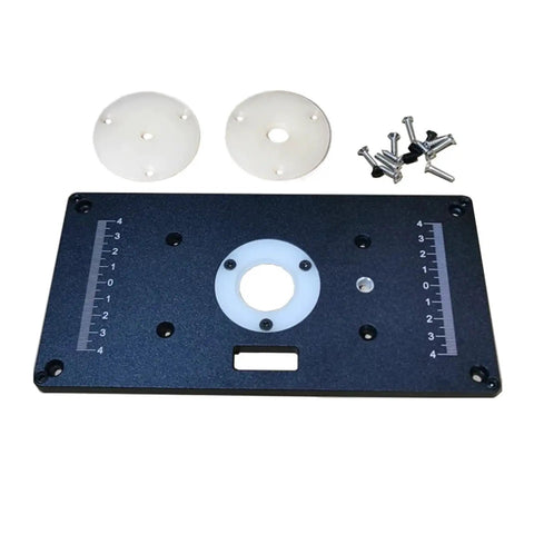 Commercial Grade Aluminum Router Table Insert Plate With Precision Centering Bushing includes measuring scale, screws, and two center rings.