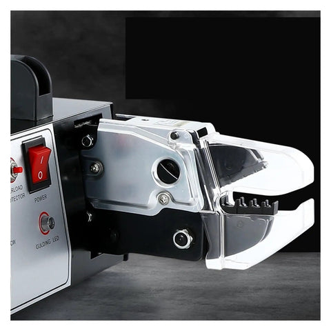 Close-up of Professional Electric Terminal Crimping Tool And Automatic Wire Stripper Combo showing crimping jaws and controls.