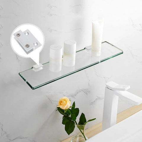 Heavy Duty Aluminum Alloy Glass Shelf Brackets Set With Beefy Carrying Capacity And Easy Install, two-hole clips on glass shelf.