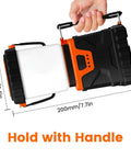 Ultra Bright LED Camping Lantern Rechargeable 1000LM with handle, dimensions 200mm x 90mm shown on rugged black and orange body