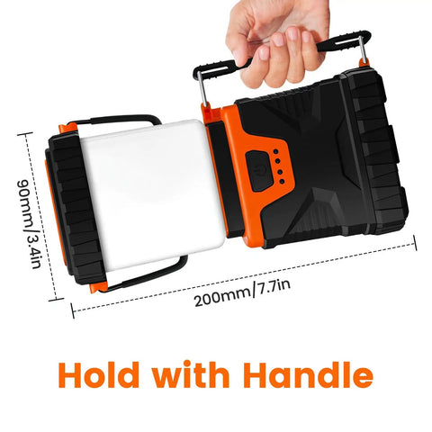 Ultra Bright LED Camping Lantern Rechargeable 1000LM with handle, dimensions 200mm x 90mm shown on rugged black and orange body