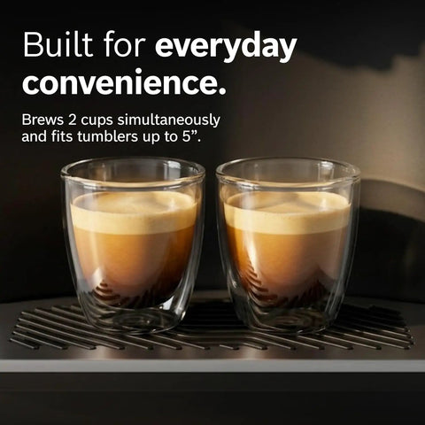 Two cups of espresso brewed by a fully automatic coffee and espresso machine for home use with 35 drink menu.