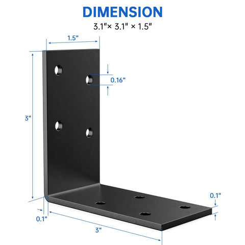 Beefy Galvanized L Brackets 1.5 By 3 By 3 Inch Eight Pack For Shelves And Furniture Iron Corner Brackets with dimensions displayed