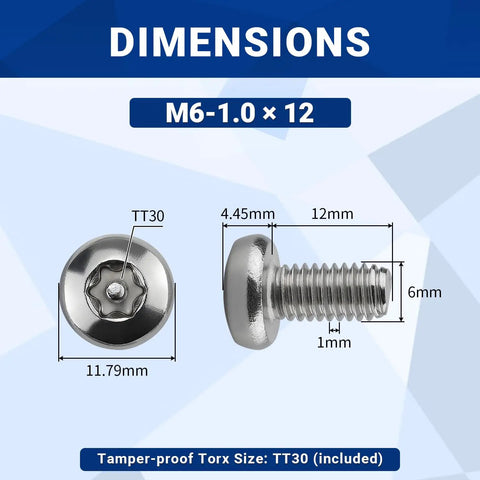 M6 Thread X 12mm Security Torx Pan Head Machine Screws With Bit 304 Stainless Steel dimensions with tamper-proof specifications.