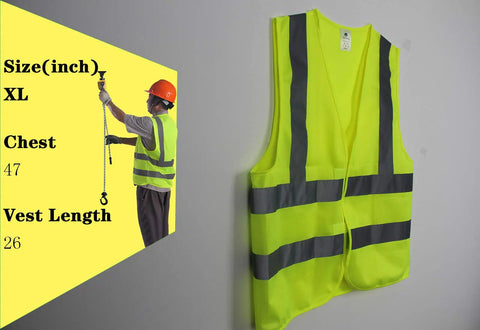 10 Pack XL Yellow High Visibility Reflective Safety Vests Class 2 For Traffic Construction Industrial Jobs Surveying Cycling Running Roadside Emergencies Hi Vis Gear hanging on wall next to size chart with measurements.