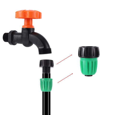 4 Pack Three Quarter to One Half Inch Faucet Adapter for Drip Irrigation Hose and Tubing US Standard Easy Hookup displayed on faucet