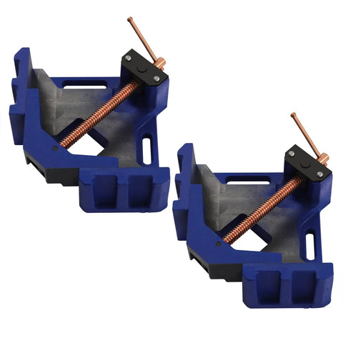 Beefy 4 Inch Cast Iron Right Angle Clamp Set - 2 Piece Corner Miter Clamps for Woodworking, 90 Degree Joints, Heavy Duty Welders Angle Clamp Kit for Precise, Stable Clamping, two blue clamps