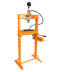 Beefy 12 Ton Hydraulic Shop Press With Adjustable Height Remote Cylinder And Pressure Gauge For Heavy Duty Auto And Metalworking Projects Ideal For Bearing Presses Bushing Installations And Frame Repairs, orange frame.