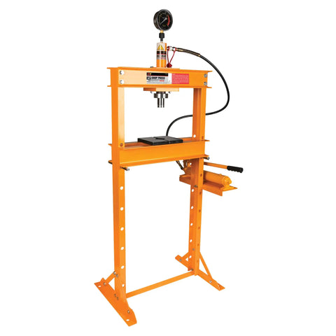 Beefy 12 Ton Hydraulic Shop Press With Adjustable Height Remote Cylinder And Pressure Gauge For Heavy Duty Auto And Metalworking Projects Ideal For Bearing Presses Bushing Installations And Frame Repairs, orange frame.