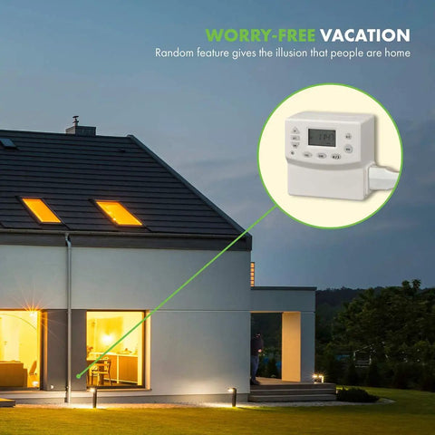 House with lights on using Heavy Duty Programmable Plug In Digital Astronomic Timer For Lights And Electrical Outlets Two Pack White