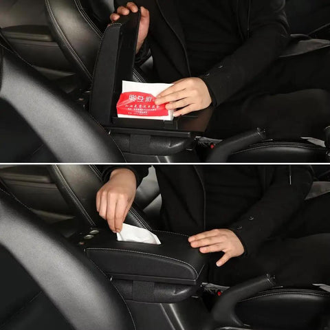 User accessing Center Console Armrest Storage Bin With Sliding Tray For Smooth Highway Cruising And Easy Daily Driver Gear Stash Road Trip Essential Custom Flex Zone For Tesla Cybertruck.