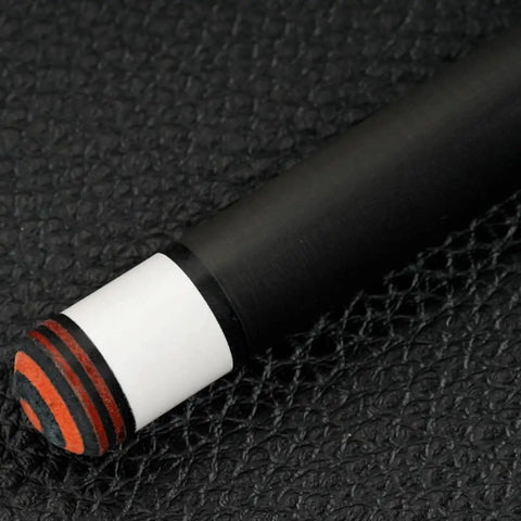 Close-up of Next Level Carbon Fiber Pool Cue Shaft With Rock Solid 3/8x8 Threaded Joint, sharp black finish, seamless design.