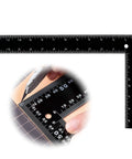 Heavy Duty Carbon Steel 8x12 Framing Square with Dead On Imperial And Metric Dual Scale Grids in use for precise measuring.