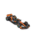 McLaren MCL38 1:43 scale 2024 die-cast formula car with realistic decals and authentic driver details, top view angle.