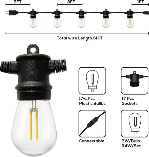 102Ft Outdoor String Lights 18 Dimmable LED Bulbs, Waterproof Patio Lights For Backyard Porch Garden diagram