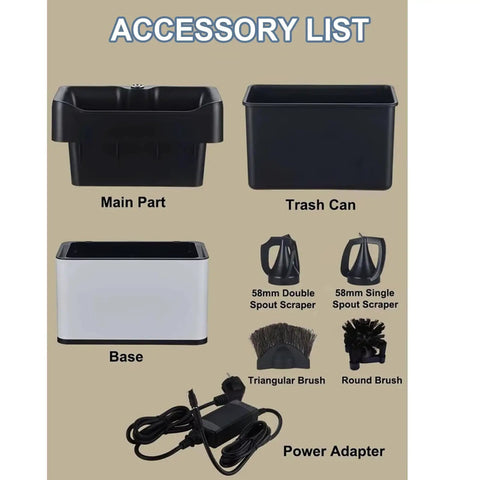 Electric Espresso Portafilter Cleaner With Knock Box And Dual Spin Brushes For Lightning Fast One Hand Cleanup accessory list.