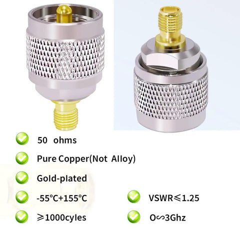 SMA Female to PL 259 Adapter Low Loss UHF Connector for CB Radio, gold-plated pure copper, shown in product photo