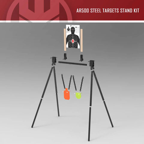 AR500 Steel Target Kit for Shooting Stand System with silhouette and gong targets, adjustable frame, and hardware pack.