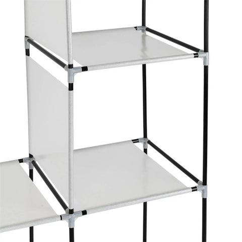 Portable Closet Wardrobe Organizer With Dustproof Cover Freestanding Storage Rack Hella Spacious Clothes Armoire For Dorm Or Apartment Straight Up Easy Pop Up Build Grey close-up of steel frame and shelves