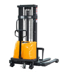 Heavy Duty Semi Electric Pallet Stacker With Straddle Legs And Adjustable Forks, showcasing its orange base and lifting mechanism in warehouse setting.
