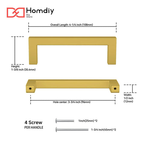Brushed Brass Cabinet Handles Set 3.75 Inch Stainless Steel 10 Pack Modern Square Pulls with dimensions and screws.