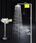Hardcore Heavy Duty Stainless Steel Eyewash System And Emergency Safety Shower Setup with rinse nozzle and basin.