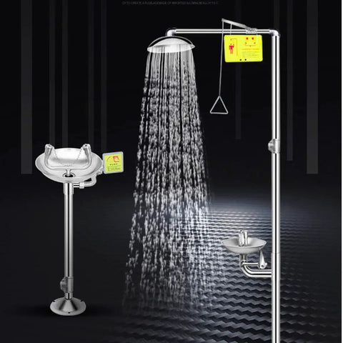 Hardcore Heavy Duty Stainless Steel Eyewash System And Emergency Safety Shower Setup with rinse nozzle and basin.