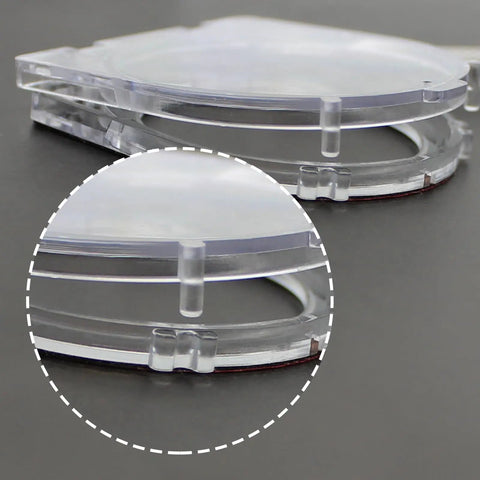 Close-up view of Dustproof Safety Push Button Cover Protector For PCs Computers Dishwashers And Washing Machines With Easy Install Double Sided Tape Keeps Dirt Out And Buttons Safe No Fuss Elevator Button Shield, showing transparent design and edge details.