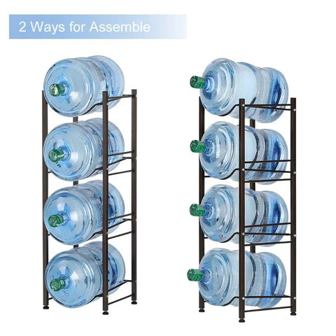 Heavy Duty 4 Tier 5 Gallon Water Jug Rack Stand for Home Office Pantry Steel Water Bottle Holder Dark Brown Finish Rustproof and Easy Assembly No Tools Required, two assembly options