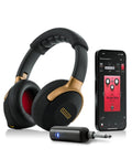Spark NEO Wireless Guitar Headphone Amp And AI Powered Guitar Rig For Dope Audio Experience with custom audio drivers, showing headphones, transmitter, and smartphone app.