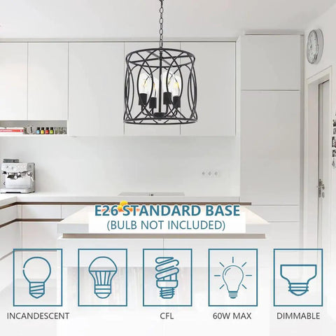 Black Rustic Chandelier Pendant Light Fixture For Dining Room With Four Cage Lights over modern kitchen island