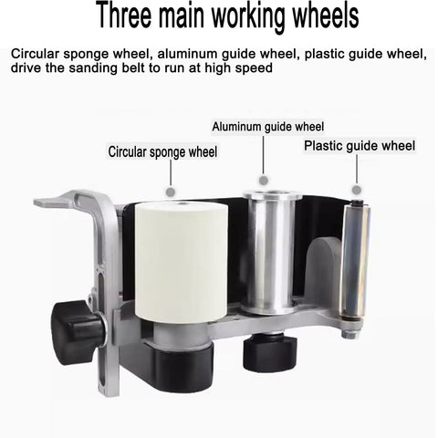 Heavy Duty Pneumatic Belt Sander With 100 Sanding Belts 360 Swivel Chuck High Torque 10000 RPM showing three main working wheels