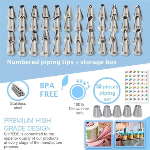 Numbered pro-grade stainless steel piping tips from 345 Piece Cake Decorating Set with storage box.