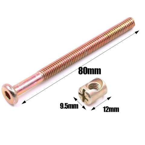 M6 X 80mm Zinc Plated Hex Socket Cap Screws And Barrel Nuts Set with dimensions, DIY furniture kit.