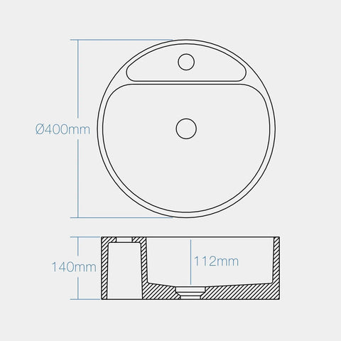 Top Tier Grey Terrazzo Round Vessel Sink 15.7 Inches Above Counter Bathroom Vanity Basin dimensions illustration