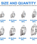 Front view: 65-piece 304 stainless worm-drive hose clamp assortment in 8–44 mm range with per-size quantities.
