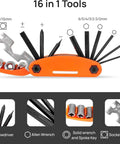 16 in 1 multi tool from All In One Bike Repair Kit With Pump And LED Light, 120 PSI, features wrenches and hex keys displayed open.