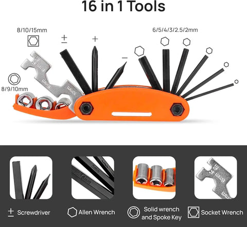 16 in 1 multi tool from All In One Bike Repair Kit With Pump And LED Light, 120 PSI, features wrenches and hex keys displayed open.